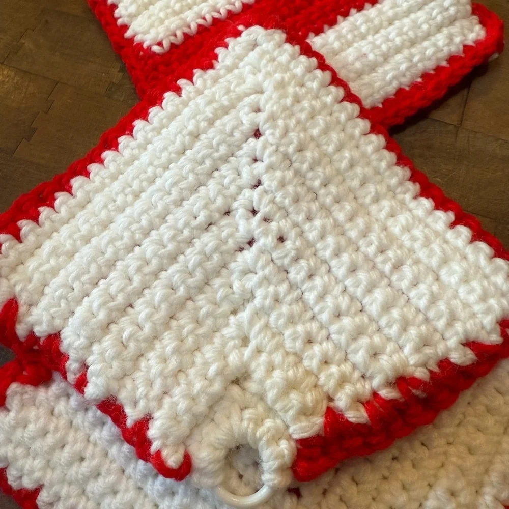 Handmade Red & White Crochet Pot Holders - Set of 3